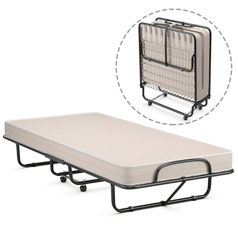 Costway Folding Bed with Memory Foam Mattress Portable Rollaway Guest Cot Memory Foam Beige Made in Italy, 1 of 11