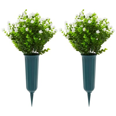 White Faux Flowers with Greenery in Tall Cone Vases for Outdoor Decor