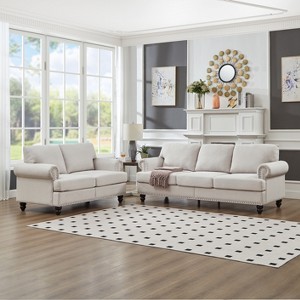 Modern Classic Upholstered Sofa, Polyester/Faux Leather Sofa Couch with Nailhead Trim & Storage - ModernLuxe - 1 of 4
