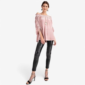 Anna-Kaci Women's Velvet Off-Shoulder Blouse with Ruched Sleeves and Tie Details - 1 of 4