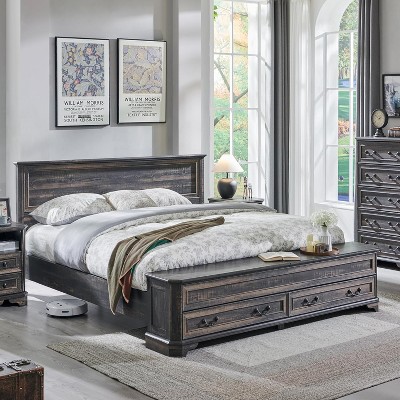 SinCiDo Farmhouse Queen Platform Bed w/Headboard & Storage Bench, Rustic Wood Bed Frame w/64" Storage Chest and 4 Drawers