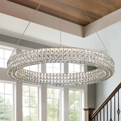 LamQee Modern Crystal Chandeliers for Dining Room, Luxury Crystal Chandelier Light Fixtures Dimmable LED Ring Pendant Light with Remote Control