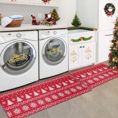 Christmas Tree Striped Floor Mat Set – Holiday Decor. Washable, Soft, Thin, Non-Shedding; 2-Piece Xmas Decor for Living Room & Kitchen