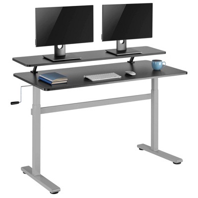 Tranzendesk Standing Desk with Clamp-On Shelf - 55" Sit to Stand Workstation with 55” Monitor Stand - Black with Silver Legs - Stand Steady