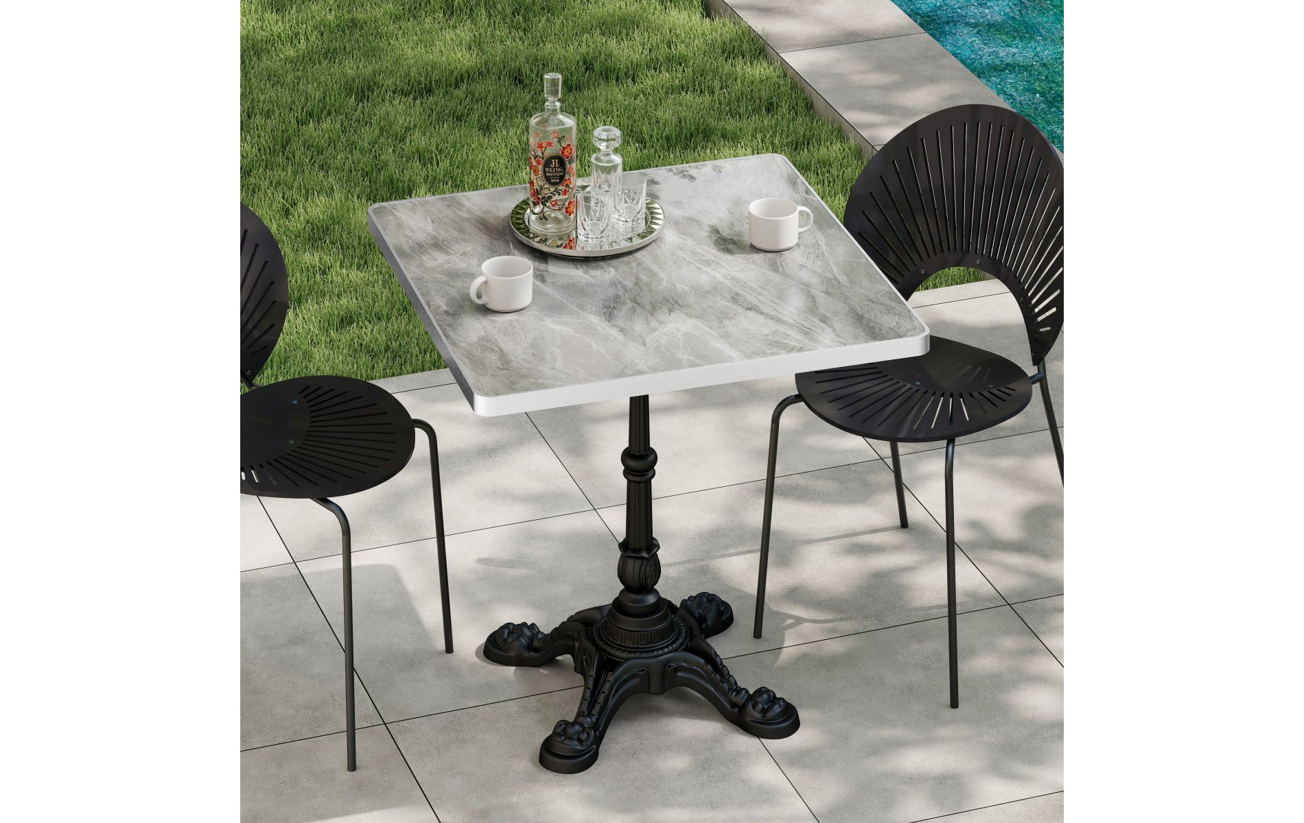 31.5" Square Outdoor Tulip Dining Table with Gray Sintered Stone Faux Marble Top, Iron Pedestal Base, Waterproof Bistro Table for Patio-Panipeachy