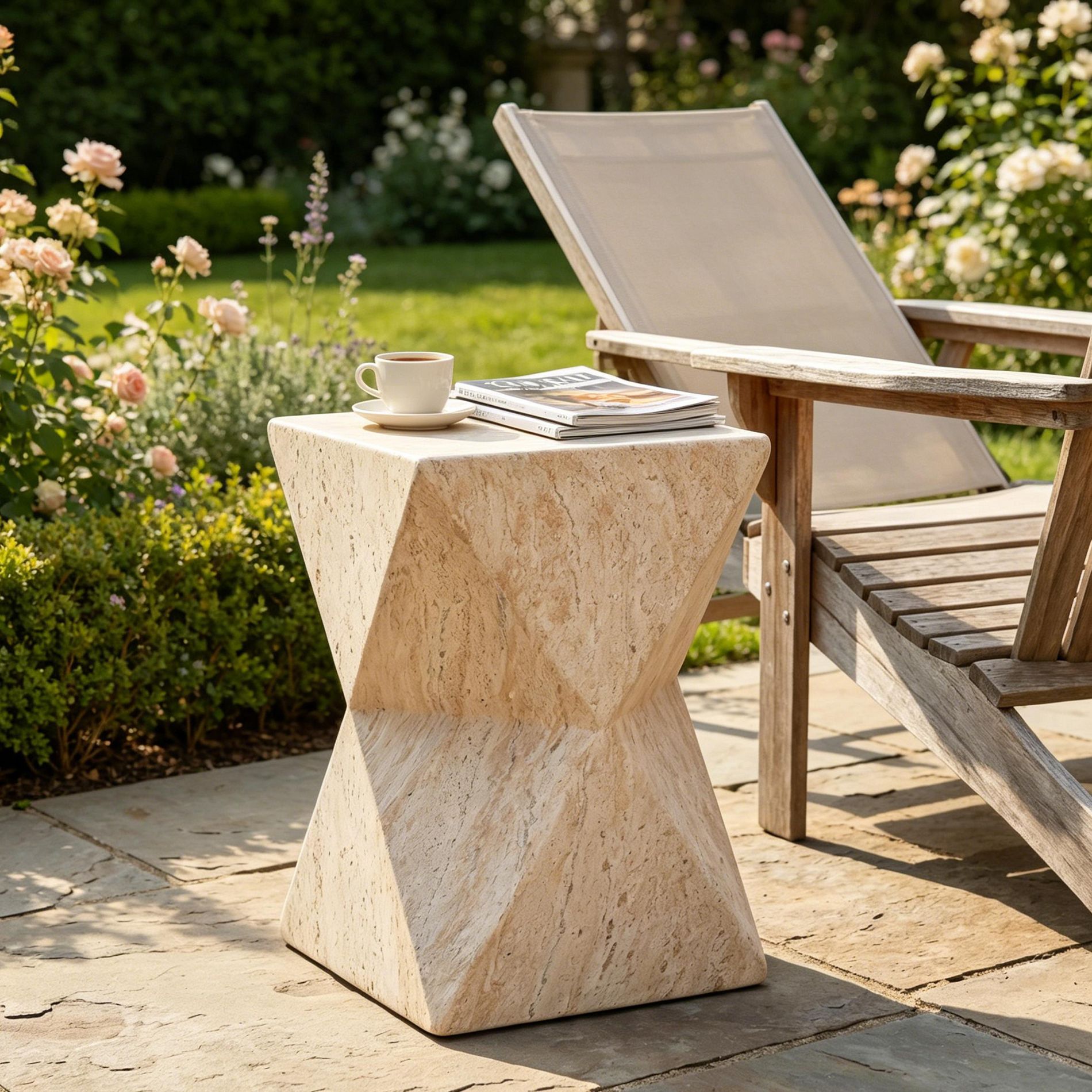 ModernLuxe Hourglass Outdoor Side Table, Lightweight End Table Concrete Accent Table with Wood-Like Finish, Beige