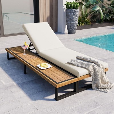 Outdoor Chaise Lounge Chair with 5-Position Adjustable Backrest, Reclining with Cushion, Patio Lounger with Wood Side Table