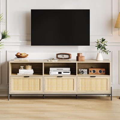 Rattan TV Stand for TVs up to 75'', Entainment Center with Open Shelf & 3 Drawers, Mid Century Modern Entertainment Center