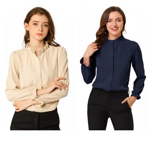 INSPIRE CHIC Women's Button Down Ruffle Collar Long Sleeve Chiffon Shirt 2 Packs - 1 of 4