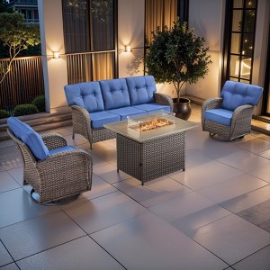 Buenhomino 4PCS PE Rattan Conversation Set with Outdoor Fire Table, Brown Wicker Swivel Patio Chairs with Sofa and Propane Fire Pit Table - 1 of 4