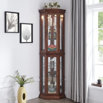 Corner Curio Cabinet with Lights - 69.75"H x 21.5"W x 16"D - Adjustable Tempered Glass Shelves, Mirrored Back - Oak/Cherry/Walnut