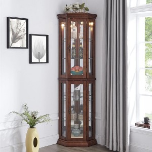 Corner Curio Cabinet with Lights - 69.75"H x 21.5"W x 16"D - Adjustable Tempered Glass Shelves, Mirrored Back - Oak/Cherry/Walnut - 1 of 4