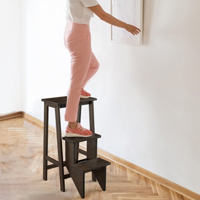 Brown Rubber Wood Foldable 3-Tier Step Stool and Storage Shelf