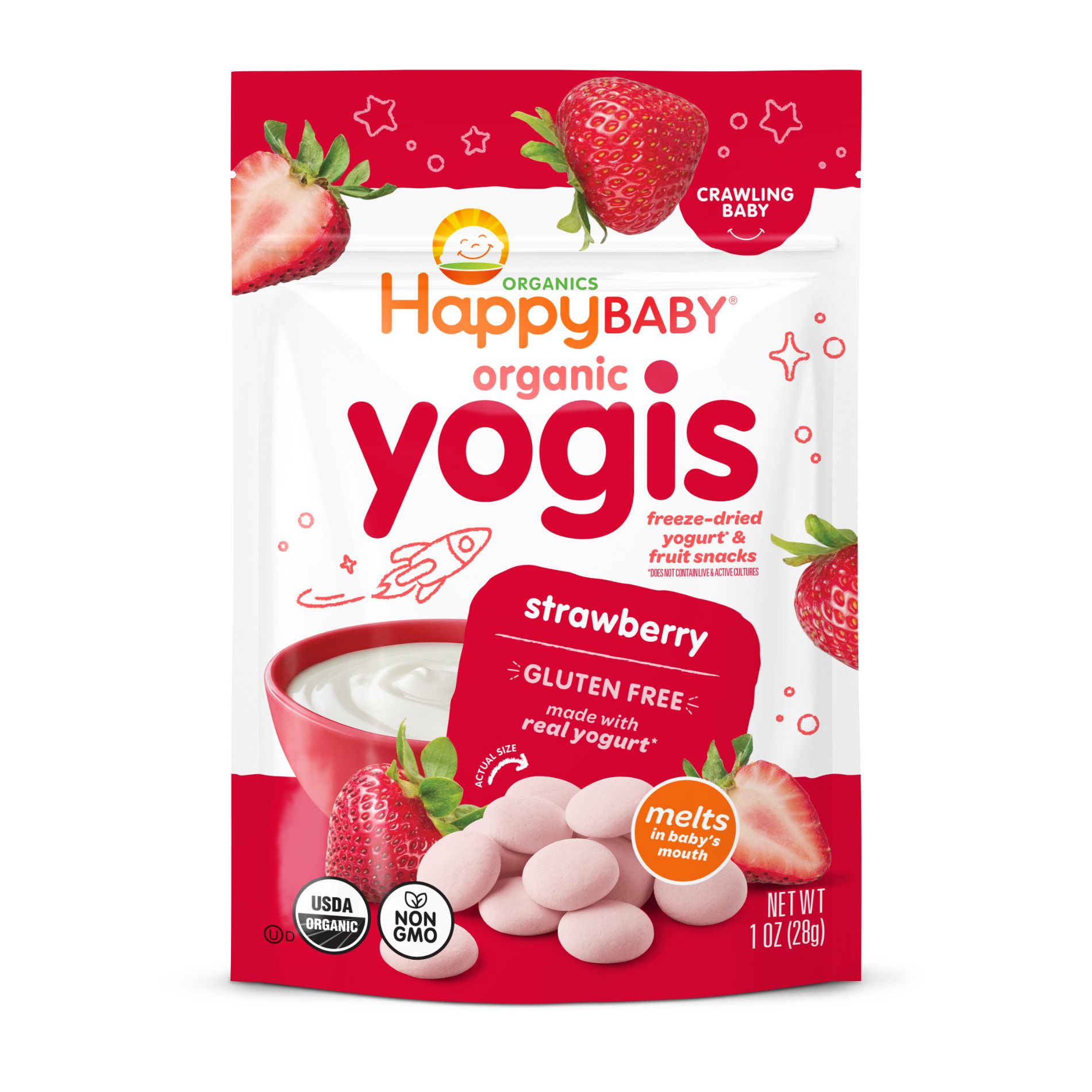 Happy Baby Organic Yogis Freeze-Dried Yogurt & Fruit Baby Snacks - Strawberry - 1oz: 9 Months and Up, 3rd Stage, Ready to Eat