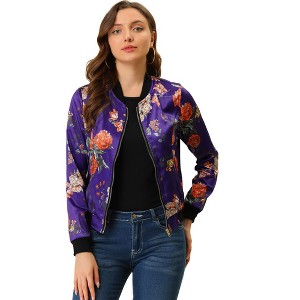 INSPIRE CHIC Women's Stand Collar Floral Prints Zip Up Lightweight Short Jacket - 1 of 4