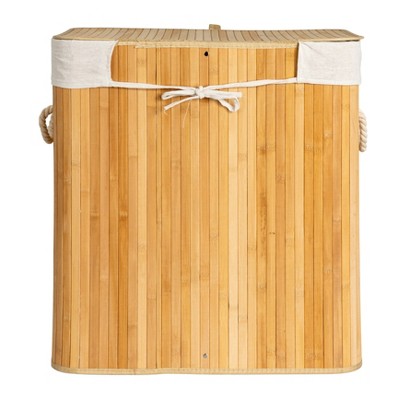Natural Bamboo Double Laundry Hamper with Rope Handles and Lid