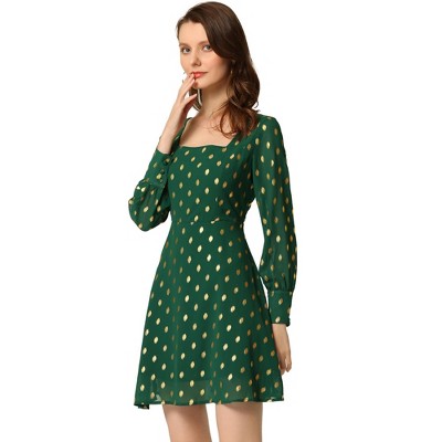 Allegra K Women's Vintage Square Neck Long Puff Sleeve Metallic Dots Print A-Line Dress