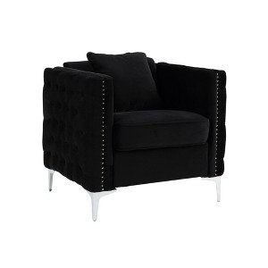 Velvet Chair with Tufted Seat, Nailhead Trim, Pocket Coil Cushion and Throw Pillow for Living Room - 1 of 4