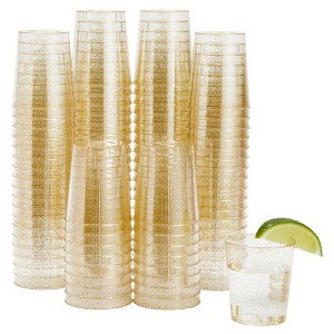 Juvale 100 Pack Gold Glitter Shot Glasses, Disposable 2oz Plastic Cups for Birthday Party - 1 of 4