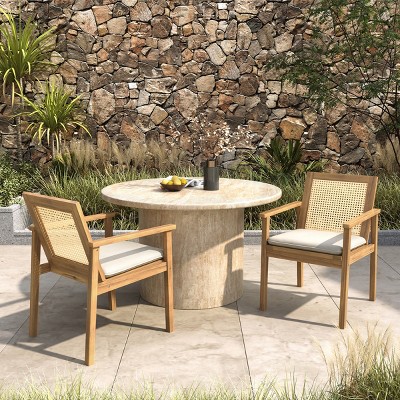 2pc Outdoor Dining Chairs, Acacia Wood and Wicker Frame with Cushions, Weather-Resistant Patio Seating with Tie-Downs - Coolbibila