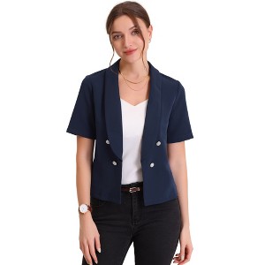 Allegra K Women's Regular Fit Shawl Collar Open Front Short Sleeve Work Office Suit Blazer - 1 of 4