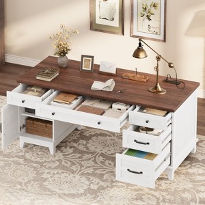Executive Desk with File Drawers, Farmhouse Home Office Desk with Charging Station, 60" Wooden Computer Desk with Cabinet Storage - 1 of 4