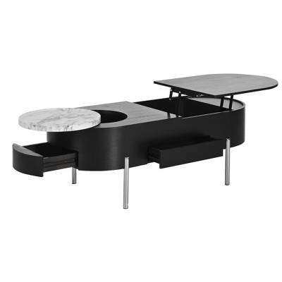 Vynxaria 47.2" Oval Lift Top Coffee Table with 360-degree Marble-patterned rotating tray,Hidden Compartment, Wooden Center Table for Home, Living Room