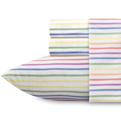 California King Blue Cotton Rainbow Stripe Sheet Set