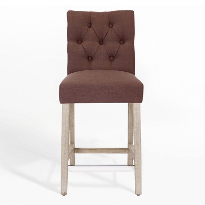 Brown Linen Upholstered Tufted Counter Stool with Wood Legs