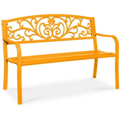 Best Choice Products Outdoor Steel Bench Garden Patio Porch Furniture w/ Floral Design Backrest - Marigold