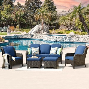HOMLUX Outdoor Patio Furniture Conversation Set 5 Pieces All Weather Wicker High Back Couch with Ottomans - 1 of 4