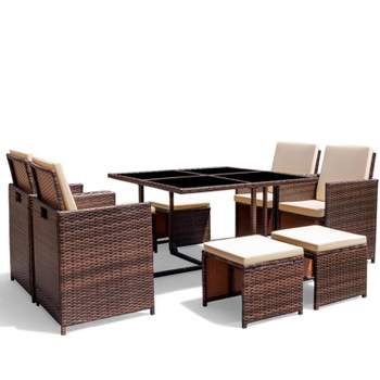 9pc Outdoor Conversation Set with Tempered Glass Table, Cushioned Chairs & Ottomans - Devoko