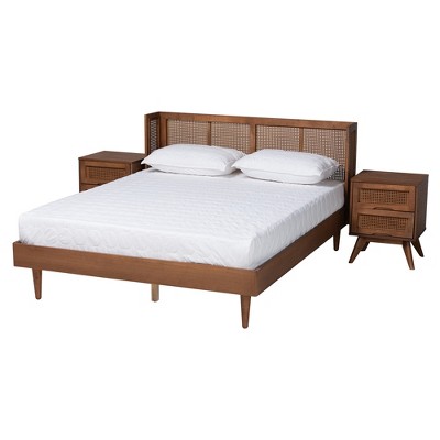 Rina Mid-Century Modern Walnut Wood Bedroom Set with Synthetic Rattan