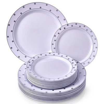 Silver Spoons Elegant Disposable Dinnerware Set for Party, Includes 20 Dinner Plates (10.25”) and 20 Dessert Plates (7.5”) – Charming Dots Collection