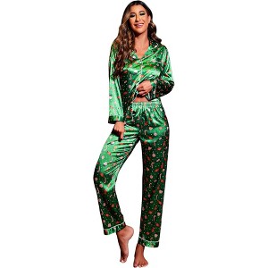 Ekouaer Women's Classic Button Down Long Satin Silk Pajama Set - 1 of 4