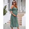 Women's Maternity Dress Floral Short Sleeve Spaghetti Strap Dress Ruffles V Neck A Line Flowy Nursing Dress with Belt Green Medium - 2 of 4