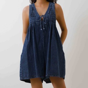 Women's Denim Romper - Sleeveless V-Neck Jumpsuit with Tie Front & Pockets Cherie Code - 1 of 4