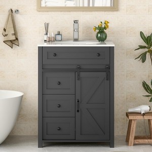 Bathroom Vanity, Vintage Vanity Cabinet with Ceramic Sink, Faucet & Drain - 1 of 4