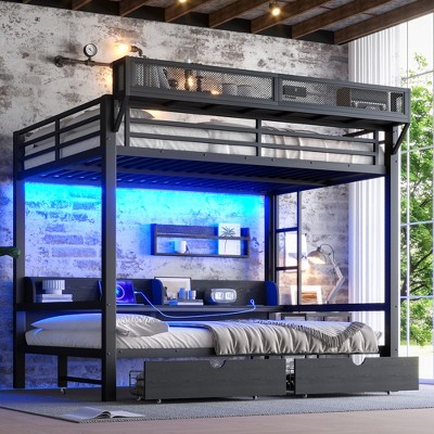 TIRAMISUBEST Queen over Queen / Full over Full Bunk Bed with Shelves and Drawers, Metal Bunk Bed with USB Ports and Lights
