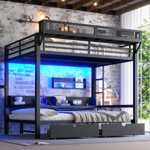 TIRAMISUBEST Queen over Queen / Full over Full Bunk Bed with Shelves and Drawers, Metal Bunk Bed with USB Ports and Lights - 1 of 4