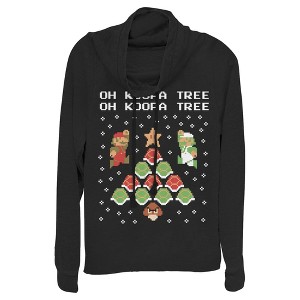 Juniors Womens Nintendo Christmas Mario Bros. Koopa Tree Cowl Neck Sweatshirt - 1 of 3