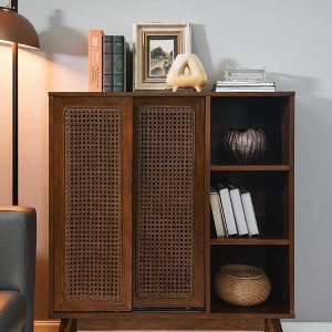 Mid Century Modern Rattan Sideboard Cabinet, Buffet Cabinet for Entryway, Adjustable Shelf & Solid Wood Feet & Rattan Cabinet Doors - 1 of 4
