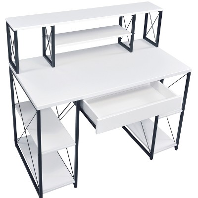 NicBex Office Desk with Open Shelves & Hutch 1 Drawer + 8 Compartments for Recording Studio, Wooden Top with Metal Sled Base