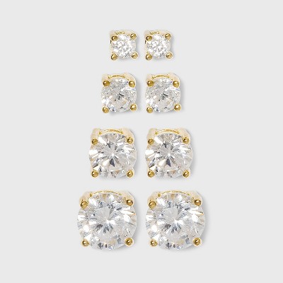 Cubic Zirconia Round Stud Earrings with 14k Gold Plating in Sterling Silver Earring Set 4pc - Gold