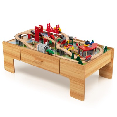 Safstar Kids Wooden Train Set & Double-Sided Table Playset w/100 Pieces & Storage Drawer