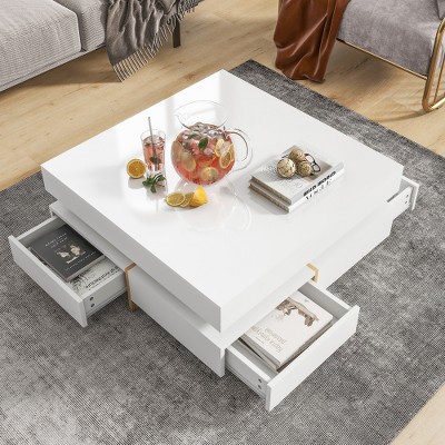 LIVAREEmlen Modern High Gloss Coffee Table with 4 Drawers, Multi-Storage Square Cocktail Tea Table with Wood Grain Legs for Living Room, White