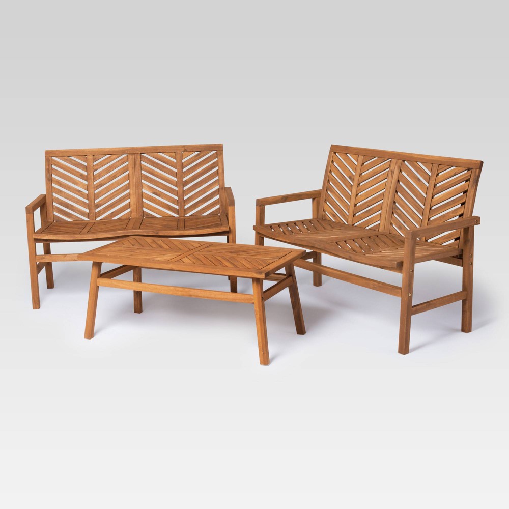 Photos - Garden Furniture 3pc Slatted Chevron Acacia Wood Patio Loveseat Set - Brown - Saracina Home