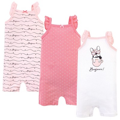 Image of Hudson Baby Infant Girl Cotton Rompers 3pk, Bonjour, 3-6 Months