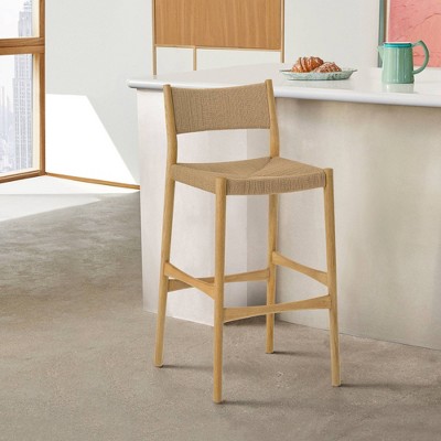 Erie Natural Oak Wood and Woven Paper Cord Counter Stool