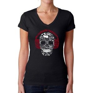 LA Pop Art Women's Word Art V-Neck T-Shirt - Music Notes Skull - 1 of 4